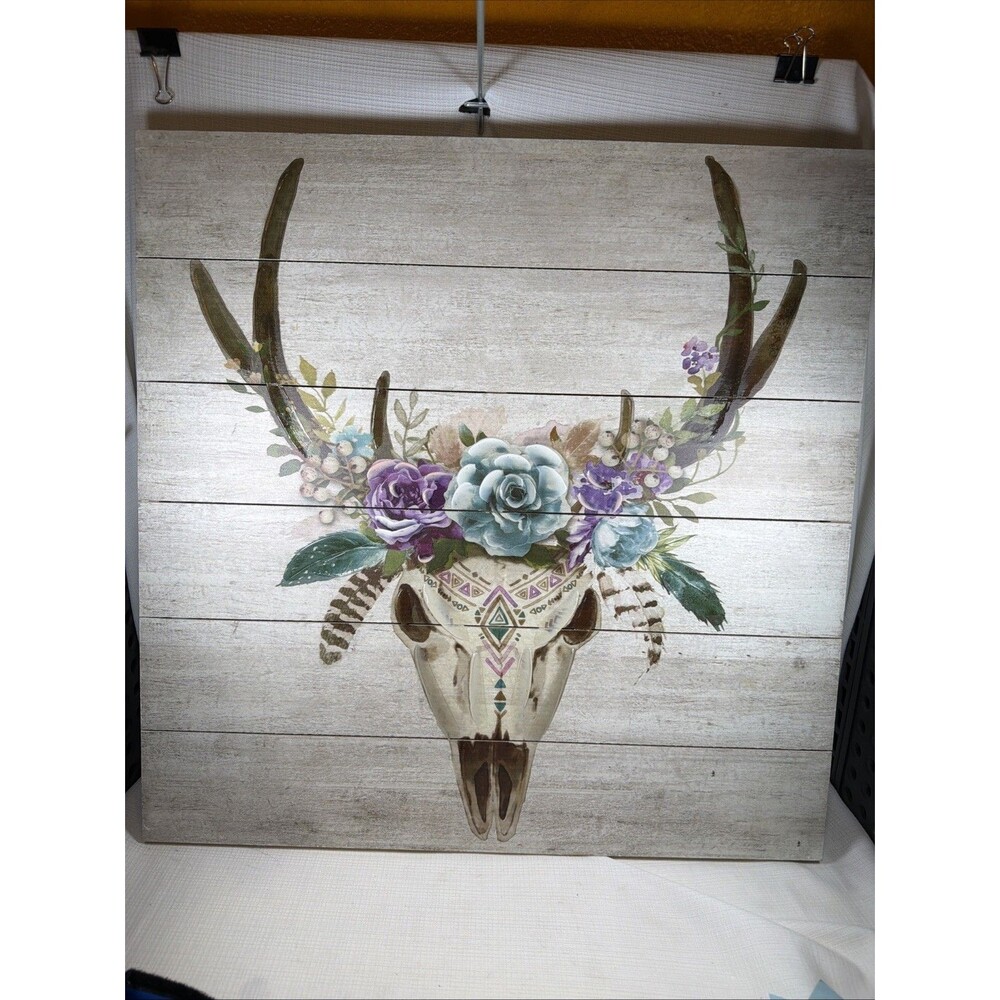Hobby Lobby Floral Boho Deer Skull Wood Shiplap Wall Art Decor 23.5x23.5 NWT